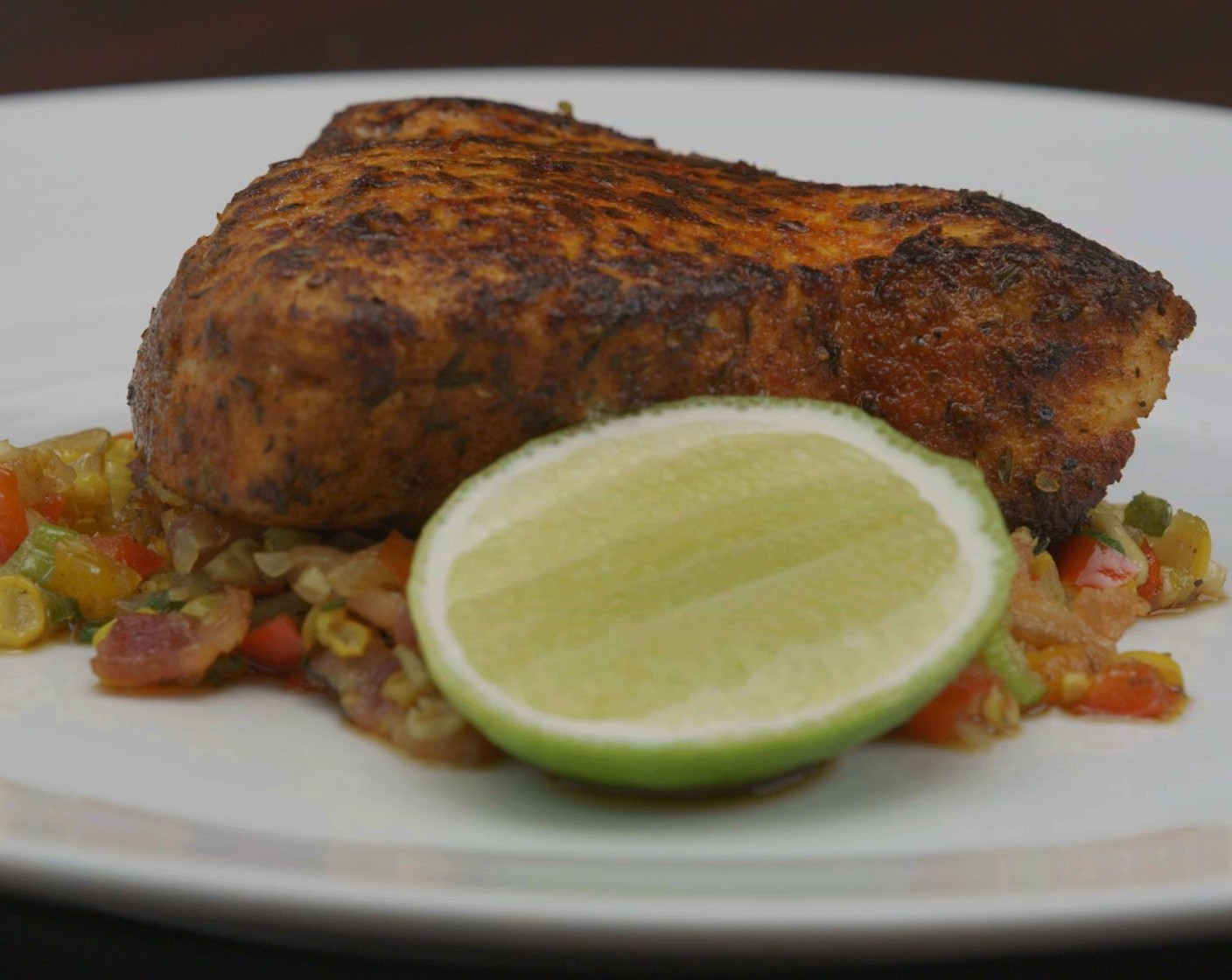 Voleo's Blackened Swordfish Steak with Bacon Maque Choux