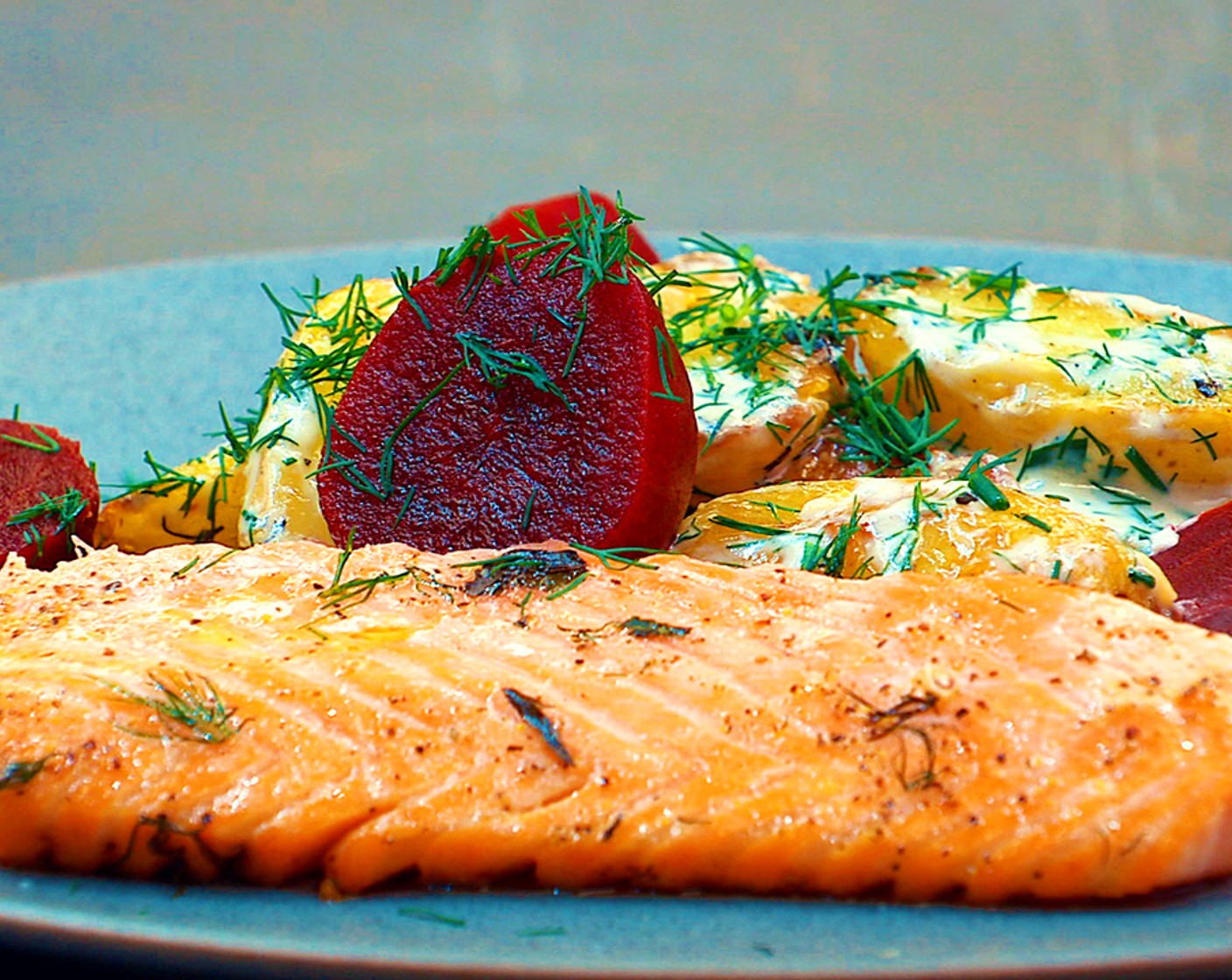 step 5 Assemble: toss the potatoes in the buttermilk dressing and serve with Pickled Beets (3/4 cup) alongside the salmon.