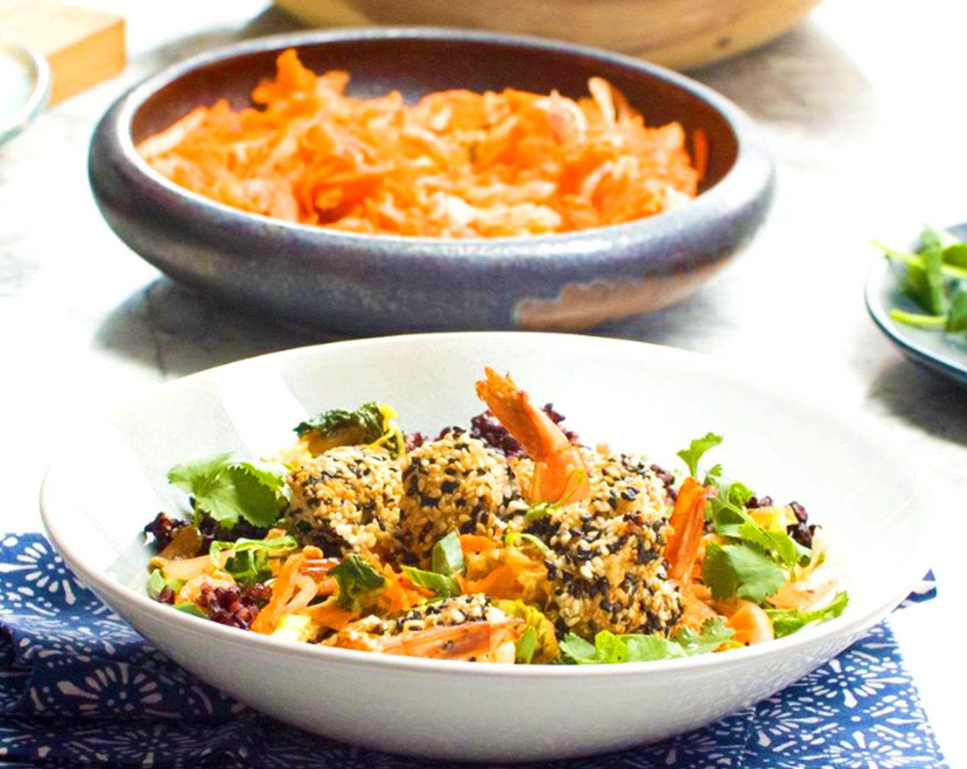 step 18 Assemble: Divide rice among bowls. Top each bowl with the stir fry, followed by the slaw and shrimp. Drizzle all over with ginger sauce and top with Scallions (to taste) and Fresh Cilantro (to taste)