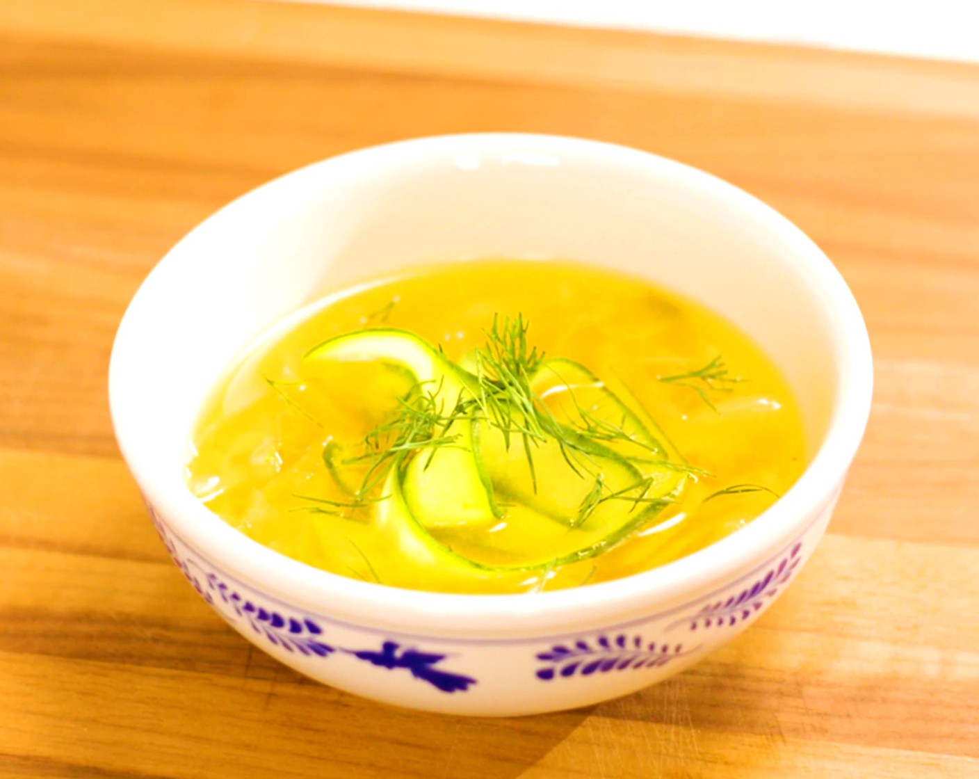 step 3 When ready to eat, top the soup with Persian Cucumber (1) ribbons, Fresh Dill (1 bunch) fronds, and a dollop of Sour Cream (to taste).