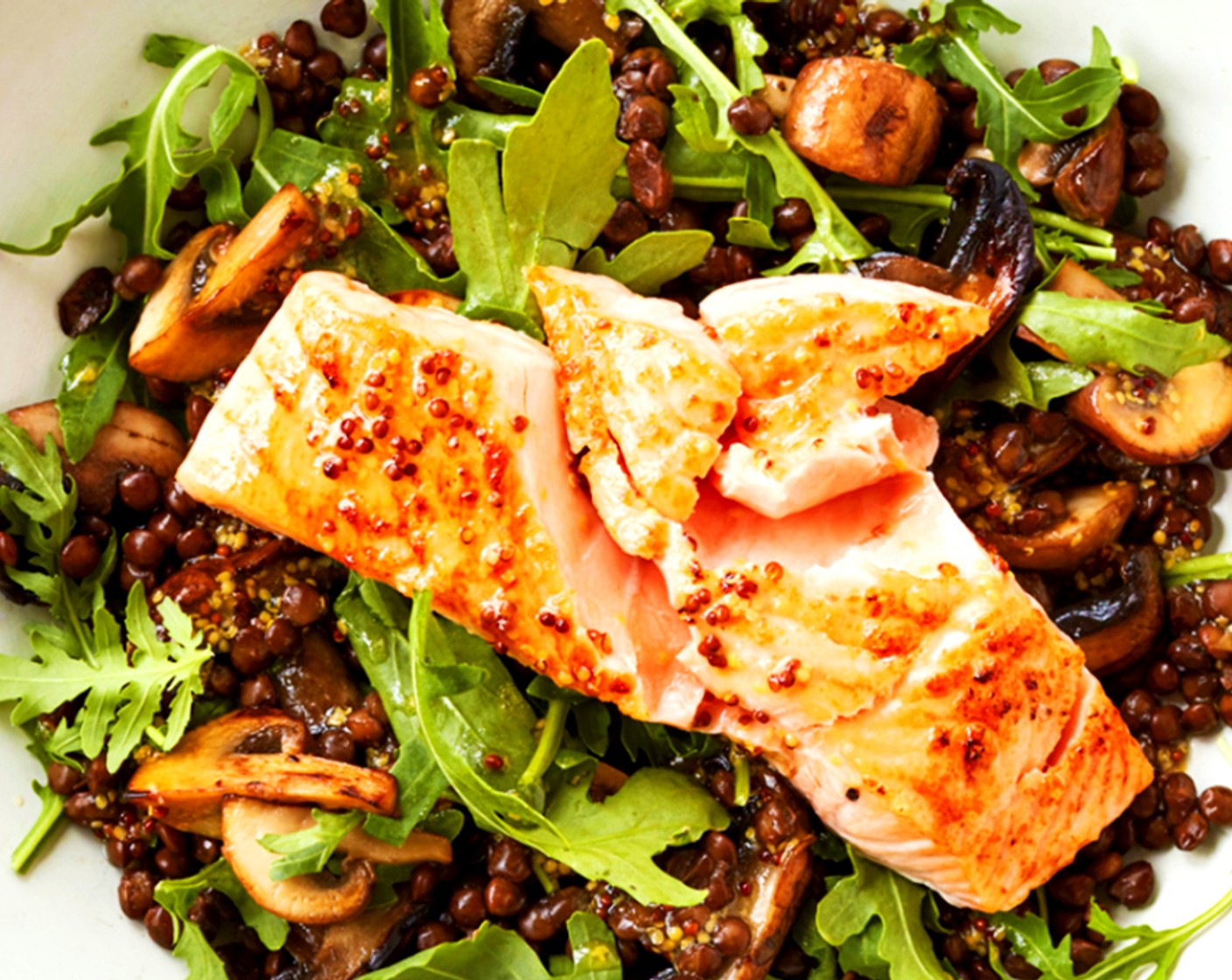 Grilled Salmon with Garlic Mushroom & Lentil Salad