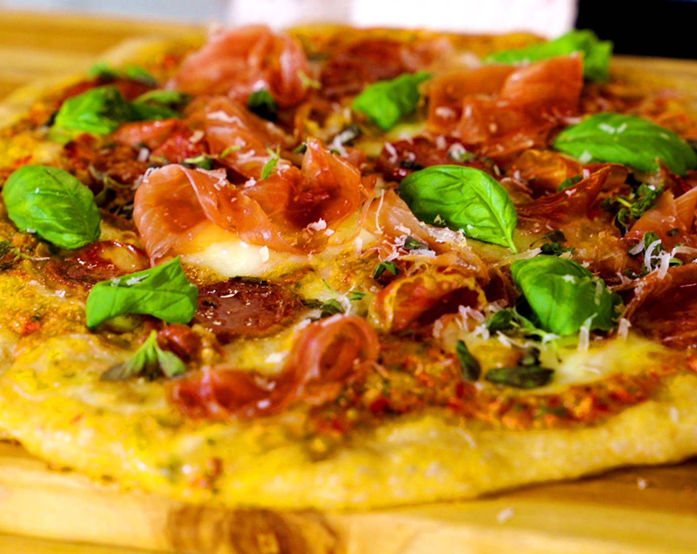 Prosciutto and Salami Pizza with a Mediterranean Salad